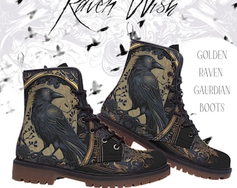 Golden Raven Guardian Boots Men's Sizing in vegan leather | Unisex Gothic Combat Boots Beautiful Steampunk Witchy Vibes Goth Boot