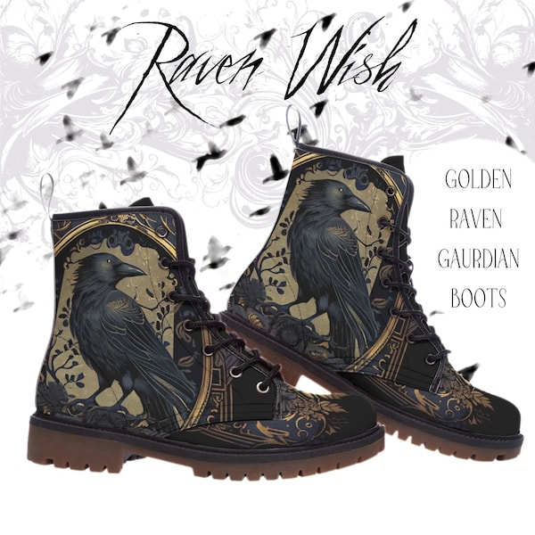 Golden Raven Guardian Boots Taille homme en cuir végétalien | Bottes de combat gothiques unisexes, belles bottes gothiques Steampunk Witchy Vibes