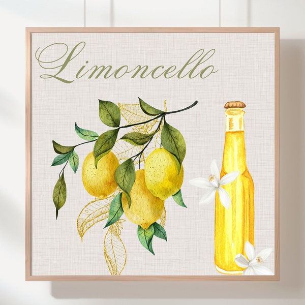 Mediterranean Food Printable Wall Art, Tuscan Kitchen Print, Watercolor Lemons Limoncello, Vintage Art PRINTABLE INSTANT Digital Download