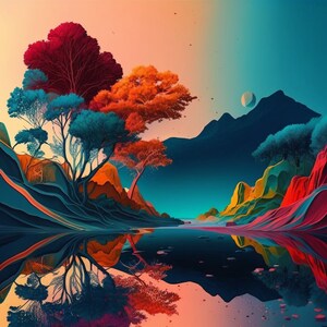 Könnte beinhalten: Ein digitales Gemälde einer Landschaft mit einem See, Bergen und Bäumen. Die Bäume sind in Rot-, Orange- und Blautönen gehalten. Der See spiegelt die Farben des Himmels und der Bäume wider.