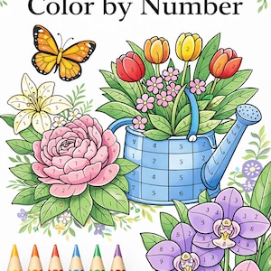 May include: A "Floral Color by Number" activity book featuring a butterfly, flowers, and a watering can. The image includes colored pencils and a color key. The book is designed for relaxation and creative expression.