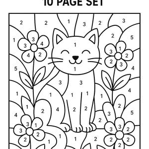 May include: Black and white coloring page with the text "COLOR BY NUMBER 10 PAGE SET". The image features a smiling cat surrounded by flowers, each sectioned off with numbers for coloring.