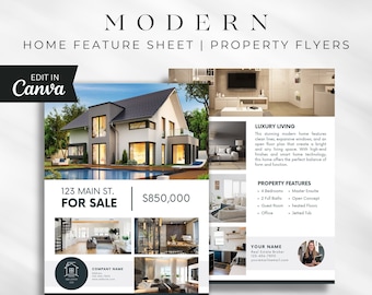 Modern Real Estate Feature Sheet Flyer: Editable Canva Template (Digital Download)