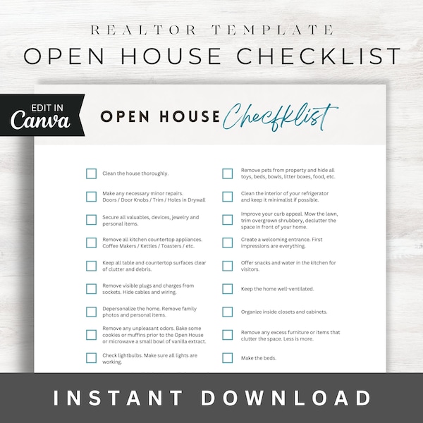 Real Estate Open House Checklist, Canva Template, Realtor Template, Printable, Realtor Marketing, Prep Sellers Guide, Listing Presentation