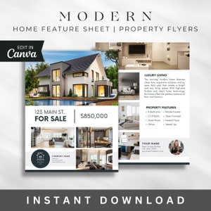 Dépliant de propriété de feuille de fonctionnalité moderne, modèle immobilier numérique, marketing d'agent immobilier, modèle Canva modifiable, dépliant de maison ouverte moderne