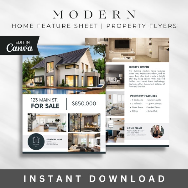 Modern Feature Sheet Property Flyer, Digital Real Estate Template, Realtor Marketing, Editable Canva Template, Modern Open House Flyer
