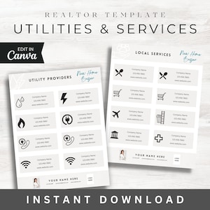 May include: A printable realtor template for utilities and services. The template is divided into two sections: utility providers and local services. Each section has a list of icons and placeholders for company names, phone numbers, and websites. The template is designed to be used by real estate agents to provide their clients with a list of recommended service providers.