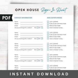 Op de afbeelding: Een printbaar open huis inschrijfformulier met contactgegevens en secties voor vastgoedbehoeften. Het formulier bevat velden voor naam, telefoonnummer, e-mailadres en of de persoon met een makelaar samenwerkt. De sectie voor vastgoedbehoeften bevat selectievakjes voor "Gewoon kijken", "Van plan om binnen een jaar te kopen", "Moet nu kopen" en "Heb een huis te koop".