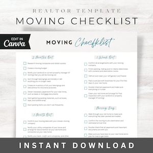May include: A printable moving checklist template with a teal handwritten font. The checklist is divided into sections: 2 Months Out, 1 Month Out, 1 Week Out, and Moving Day. The words "REALTOR TEMPLATE" and "INSTANT DOWNLOAD" are also visible.
