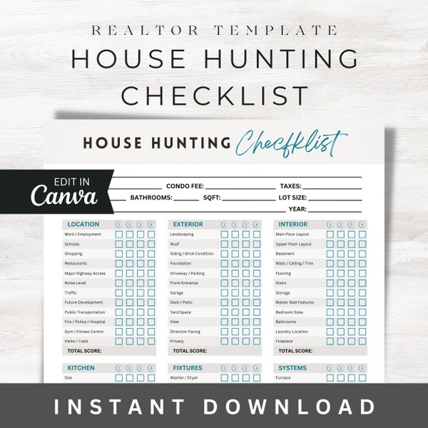 House Hunting Checklist, Canva Realtor Home Buyer Template, Buyer Guide, Editable Digital Printable, Real Estate Forms, Realtor Marketing