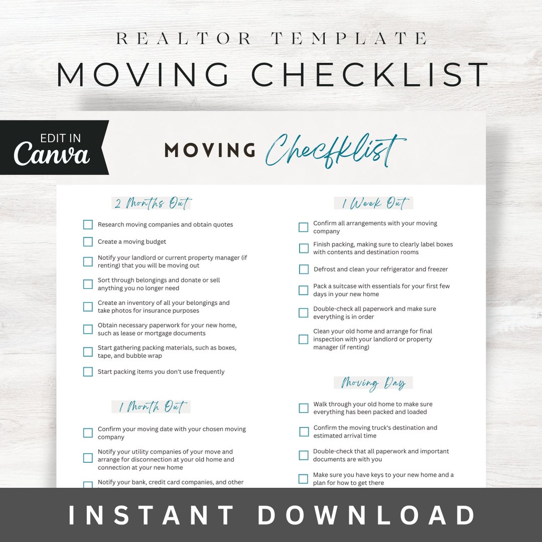Moving Checklist, Canva Template, Realtor Template, Buyer Seller Guide