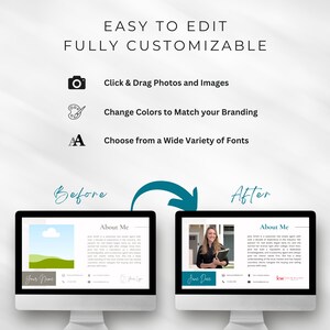 May include: Before and after images of a real estate agent's website. The before image shows a simple website with a green landscape and the text "Your Name". The after image shows a more professional website with a photo of the agent, the text "Jane Doe", and the logo for Keller Williams Realty.