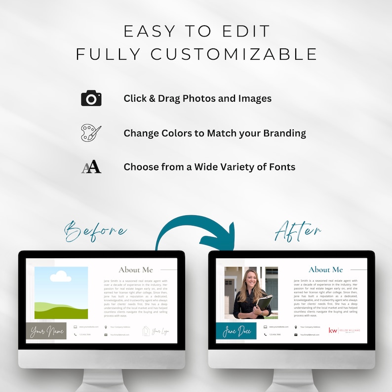 May include: Before and after images of a real estate agent's website. The before image shows a simple website with a green landscape and the text "Your Name". The after image shows a more professional website with a photo of the agent, the text "Jane Doe", and the logo for Keller Williams Realty.
