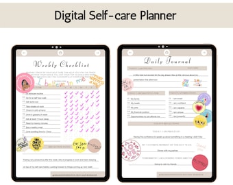 May include: Digital self-care planner displayed on two tablets. One shows a weekly checklist with checkboxes and the text "I believe in me." The other shows a daily journal with affirmations and gratitude prompts. Includes colourful stickers.