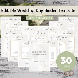 May include: A printable wedding day binder template with 30 pages. The pages are white with gold accents and feature a marble-like background. The pages include sections for the wedding timeline, vendor details, contact information, and more.