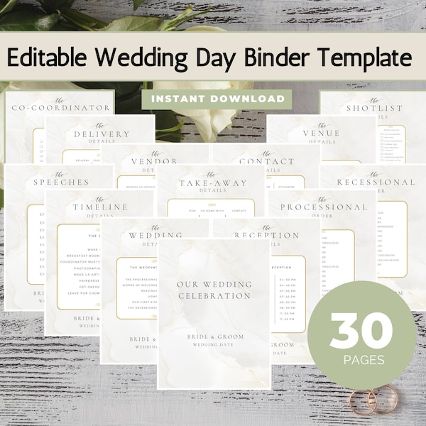 Wedding Day Binder Template, Wedding Day Information, Wedding Organisation, A4 Editable Template, Instant Download, Wedding Day Planner