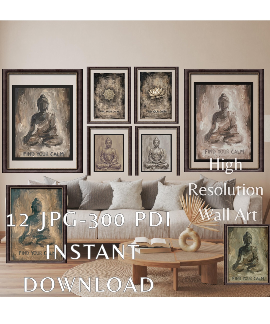 Zen Buddha Wall Art Set, Textured Oil Painting, Neutral Boho Spiritual ...