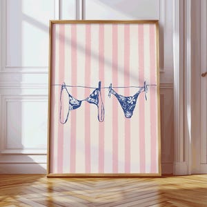 Bikini Wall Art, Pink Clothesline Print, Beach Aesthetic Poster, Coastal Dorm Decor, Girly Summer Printable, Bathing Suit Art