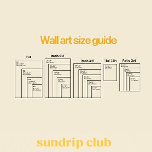 May include: Wall art size guide with dimensions in inches and centimeters. Includes ISO, Ratio 2:3, Ratio 4:5, 11x14 in, and Ratio 3:4 sizes. The text "sundrip club" is at the bottom in yellow.