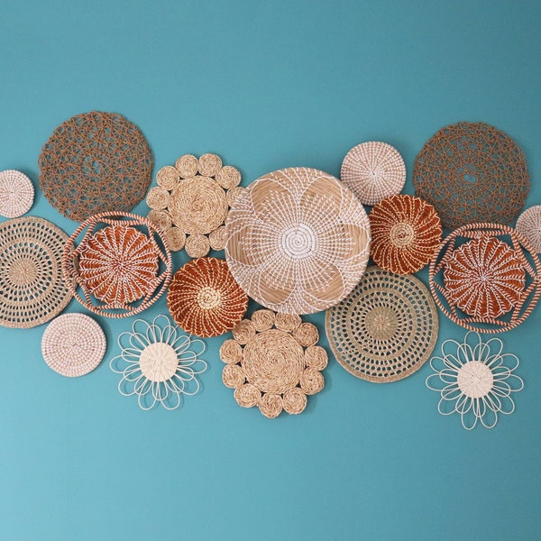 Set of 17 Basket Wall Decor, Boho Wall Decor, Bohemian Wall Decor, Woven Baskets Wall Decor, Wicker Wall Tray, Hanger Wall Plate