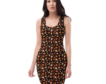 May include: A black sleeveless dress with a pattern of orange and brown pumpkins, pie slices, and leaves.