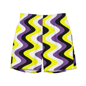 May include: Purple, yellow, black, and white wavy patterned athletic shorts.