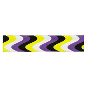 May include: A headband with a wavy pattern in yellow, white, purple, and black. The design features alternating curved stripes of each colour, creating a vibrant and eye-catching accessory. The headband is likely made of a soft, flexible material.