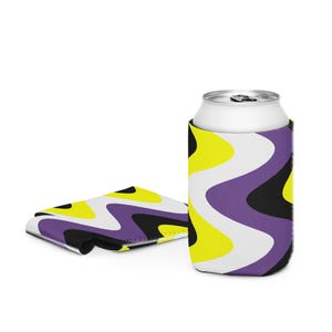 May include: A cylindrical foam can cooler featuring a wavy, abstract pattern in bright yellow, white, black, and purple. One cooler is standing upright around a silver aluminum beverage can, while a second identical cooler lies flat nearby.