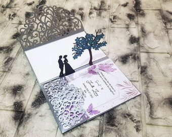 Pop Up Wedding Card ,Trifold Pop Up Wedding Couple with flower, Laser cut wedding Invitations ,Pop up Tree with Couple, Unique Couple Card