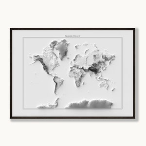Weltkarte Topografie Poster – Minimalistische Reliefkarte in Schwarz-Weiß – Wandbild mit Rahmen – Geschenk für Geografie-Fans & Reisende