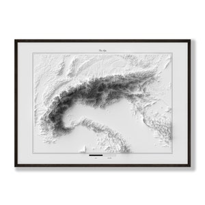 Affiche topographique des Alpes – Carte en relief minimaliste en noir et blanc – Décoration murale encadrée – Cadeau pour les passionnés de géographie et les voyageurs