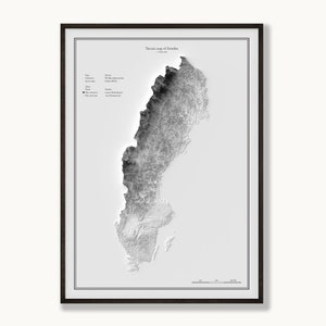 Affiche topographique de la Suède – Carte en relief minimaliste en noir et blanc – Décoration murale encadrée – Cadeau pour les passionnés de géographie et les voyageurs