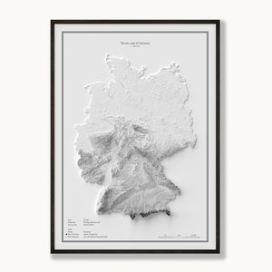Deutschland Topografie Poster – Minimalistische Reliefkarte in Schwarz-Weiß – Wandbild mit Rahmen – Geschenk für Geografie-Fans & Reisende