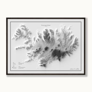 Affiche de topographie de l'Islande – Carte en relief minimaliste en noir et blanc – Décoration murale encadrée – Cadeau pour les passionnés de géographie et les voyageurs