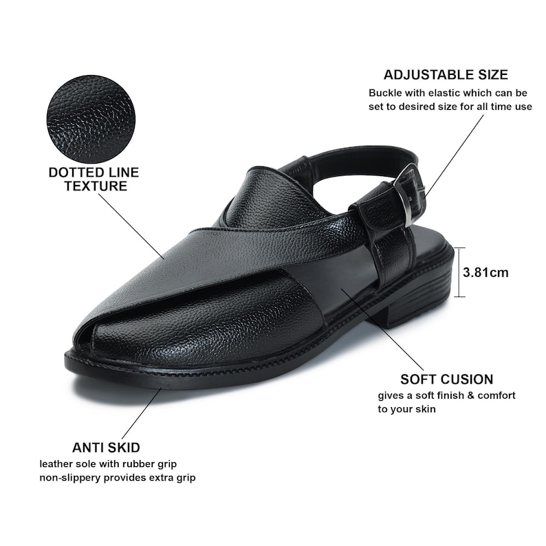 May include: Black leather sandals with an adjustable buckle strap and a dotted texture. The sandals have a rubber sole with anti-skid grip and a soft cushion insole. The sandals are 3.81 inches tall.