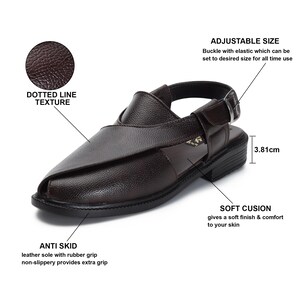 May include: Brown leather sandals with an adjustable buckle strap, a dotted line texture, and a rubber grip sole. The sandals have a 3.81 inch heel height. The text "ADJUSTABLE SIZE" and "SOFT CUSION" is visible in the image.