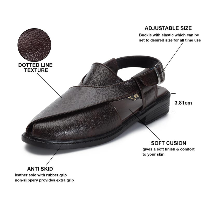 May include: Brown leather sandals with an adjustable buckle strap, a dotted line texture, and a rubber grip sole. The sandals have a 3.81 inch heel height. The text "ADJUSTABLE SIZE" and "SOFT CUSION" is visible in the image.