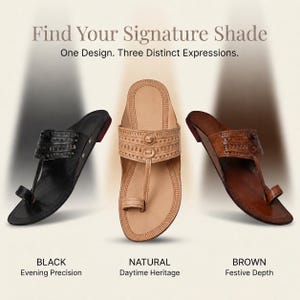 May include: Image of three leather sandals in black, natural, and brown. The sandals have a toe loop and a strap across the top. The text "Find Your Signature Shade" and "One Design. Three Distinct Expressions." is displayed.