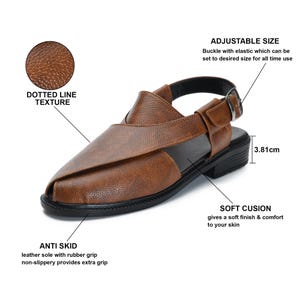 May include: Brown leather sandals with an adjustable buckle strap, a dotted line texture, and an anti-skid sole. The sandals have a 3.81-inch heel.