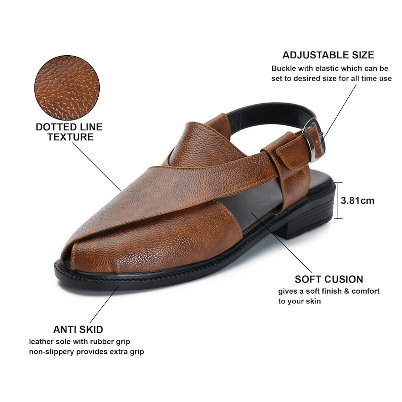 May include: Brown leather sandals with an adjustable buckle strap, a dotted line texture, and an anti-skid sole. The sandals have a 3.81-inch heel.