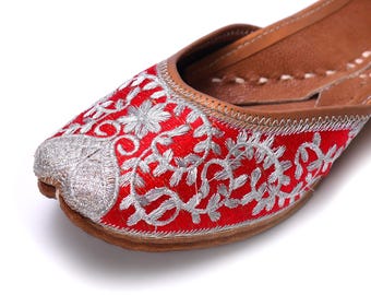 Red Silver Khussa for Women | Handmade Leather Embroidered Jutti Flats | Bridal Ethnic Shoes