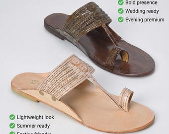 Men's Handcrafted Leather Kolhapuri Sandals | Genuine Leather Toe Ring Sandals | Indian Artisan Summer Flats | Traditional Ethnic Slippers