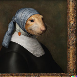 Puede incluir: Un retrato de un animal pequeño que lleva un pañuelo azul y blanco y un vestido negro. El animal tiene un hocico largo y pelaje marrón. El fondo es marrón oscuro.