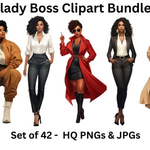 Black Lady Boss Clipart - Set of 42, Office Girl Clipart, Black Woman Clipart, Planner Clipart, Fashion PNG for Sticker/Planner/Print/POD