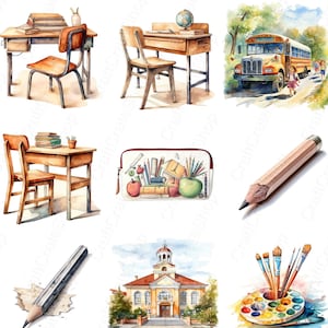 Back to School Clipart - Set of 36, school clip art, pencil crayon, books,backpack, Watercolor art supplies  instant download commercial use