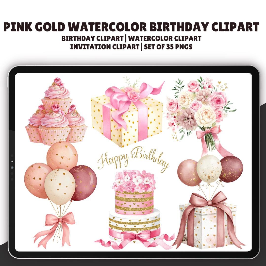 Pink Gold Watercolor Birthday Clipart Set: Cake, Balloons & Gifts - 35 ...