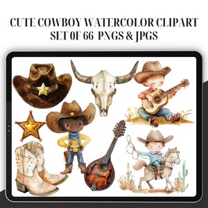 Watercolor Cute Cowboy Clipart - Set of 66, Baby Cowboy PNG, Wild West Clipart, Baby Western PNG, Desert Clipart, Cactus PNG, Saddle Clipart