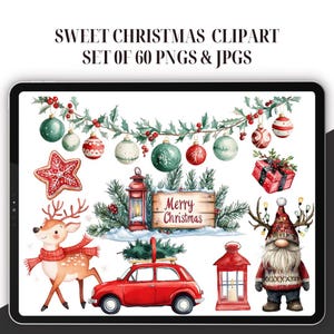 Sweet Watercolor Christmas Clipart - 60, Cute Santa Clipart, North Pole, Christmas Tree, Reindeer, Snowman, Elf, Winter Holidays, Wreath png