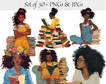 Book Lover Clipart - Set of 30, Black Woman Clipart, Books Clipart, Lady Boss Clipart, Black girl studying clipart, Bookworm clipart