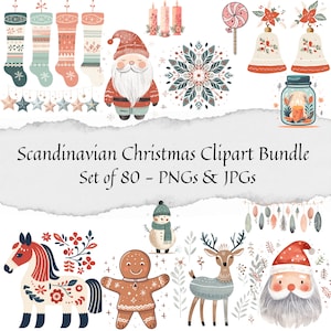 Pacchetto di clipart di Natale scandinavo - Set di 80, clipart nordico, Natale di arte popolare, PNG di Natale, PNG invernali, Clipart di Natale Boho